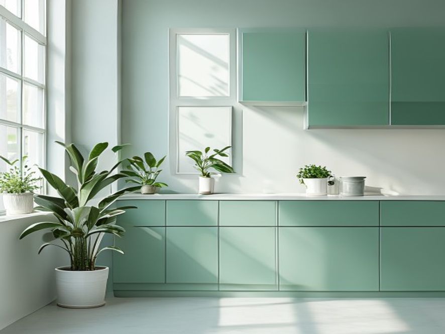 Valaisttu keittiö minimalistisella sisustuksella, vihreät kasvit ikkunalla